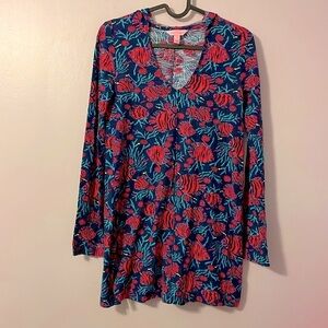 Lilly Pulitzer Tropical Fish Hooded Coverup Mini Dress size XS Navy Red Teal
